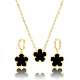 Qinpan Gold Plated Five Leaf Clover Dot Necklace and Dangle Earrings Set for Women Lucky Flower Jewelry, 13*13mm, Stainless Steel, No Gemstone