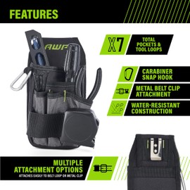 AWP Premium Tool Pouch Multi-Pocket Organizer for Electricians, Professional Tool Box for Efficient Organization, Black, 7 Pocket | L-804-1