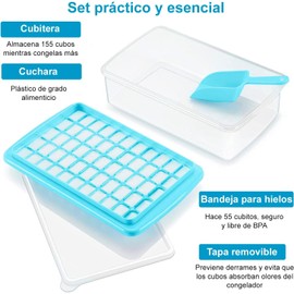 U Chef Bandeja para Cubitos de Hielo con Tapa y Contenedor para Congelador, Molde para hacer Hielo de 55 Cavidades para cóctel, café, de Fácil Liberación, con Cuchara para Hielo (Azul)