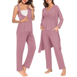 SWOMOG Maternity Nursing Robe Set 3 Piece Postpartum Breastfeeding Pajamas 3 in 1 Hospital Labor Delivery Pregnancy Pjs