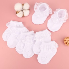 DRESHOW Infant Lace Bow Socks Baby Ruffle Lace Socks Newborn Toddler Girls Socks Ankle Dress Sock, 4 Pairs Lace Socks Set-28