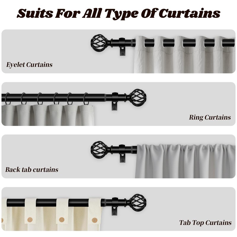 Curtain Rods for Windows 48-90 Inch(4-7.5Ft), Matte Black Decorative Curtain