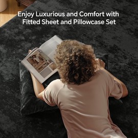 BEDELITE Velvet Fitted Sheet and Pillowcases Set, Luxury Soft Fuzzy Bottom Sheet with Reinforced Elastic Corner Straps, Deep Pocket up to 15 Inch, 1 Fitted Sheet and 2 Pillowcases (King, Black)