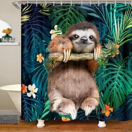 Children's Cute Sloth Shower Curtain, 180 x 180 cm, Cartoon Animal Bath Curtain, Decor for Girls, Funny Fables, Sloth, Tropical Leaves, Floral Print, Shower Curtain, Textile, Animal, Nature Theme