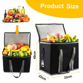 Cool Bag 30L Large Cooler Bag,Thermal Food Delivery Bag,Large Insulated Picnic Lunch Bag,Grocery Shopping Bags, Foldable Cool Box,For Lunch Picnic Camping BBQ Beach Outdoor (Black#2, 40×22×33cm)