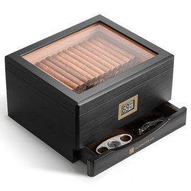 GLENCREAG MMT-3041 Cigar Humidor Box for 25 to 55 Counts, See-Through Design with Spanish Cedar Lining & Divider, Digital Hygrometer, Accessory Drawer & Humidifier, Gift for Cigar Lover (Ebony)