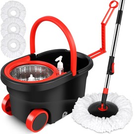 Spin Mop and Bucket with Wringer Set, 360° Mop Bucket System with 3 Microfiber Mop Replacement Heads and 61" Stainless Steel for Floor Cleaning:_BLACK+WHEELS PLUS