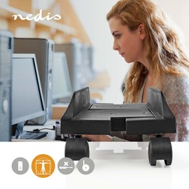 Carrello per computer NEDIS con larghezza regolabile su 4 ruote girevoli bloccabili, supporto per PC in metallo e plastica