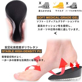 Secret Insole: 0.6 / 1.0 / 1.0 / 1.4 / 1.8 inches (1.5 / 2.5 / 3.5 / 4.5 cm) Insole, For Heels, Shock Absorption, Heel Cushion, Increase Height, 3 Layer Construction, High Elasticity, Anti-Slip,