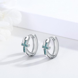 QHQPQ Cross Hoop Earrings for Women 925 Sterling Silver Turquoise Religious Cross Huggie Earrings Christian Jewellery Faith Gifts for Men