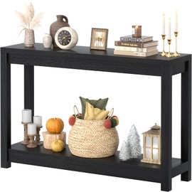 Besiost 47" Farmhouse Wood Entryway Table Narrow Console Table with Storage Behind Couch Sofa Table with Shelves for Entry Way with Open Storage, Easy Assembly, Embossed Wood Grain Black