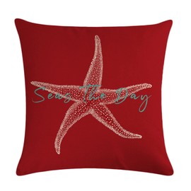 7COLORROOM Set of 2 Seas The Day Throw Pillow Cover Beach Starfish On Red Background Cushion Cover Coastal Sea Theme Home Decorative Pillowcases 18" x 18" for Sofa Couch Porch(18" x 18", Red)