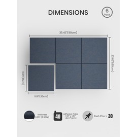 Bumusty Large Cork Board 36" x 24" Alternative - 6 Pack Felt Wall Tiles with 40 Safe Removable Adhesive Tabs, 30 Pushpins, Cork Boards for Walls Bulletin Board Office Decor (Deep Charcoal Blue)