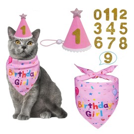 Birthday Hat Scarf Set for Small Dogs and Cats, Bandana Cat Birthday Hat with Numbers Cat Birthday Bib Cute Pet Birthday Party Supplies (Pink)