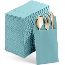 Servilletas desechables de lino con bolsillo de cubiertos integrado, paquete de 50 servilletas de papel preplegadas de tela azul pálido para bodas, cena o fiesta