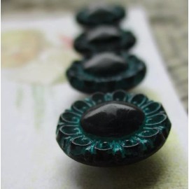 Set of 4~ Vintage 1/2"  black turquoise  Lace painted Edge Glass Buttons ~NOS