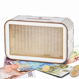 LOVLEY Wooden Money Box with Original Design – Retro Piggy Bank for €10,000 Savings, Holiday Fund with Counter, Reusable Coin Jar for Adults & Kids