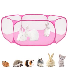 Outdoor Foldable Pet Playpen Breathable Small Animals Tent Transparent Pet Exercise Fence Rabbit Play Pen Cage for Rabbits Hamster Hedgehogs Diameter 120cm(Pink)