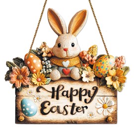 BDDYYI Easter Bunny Sign Happy Easter Door Sign Easter Wreaths for Front Door Cute Rabbit Hanging Plaque Easters Rabbit Door Hanger for Spring Farmhouse Doors Windows Porch Home Decoration