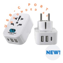 Voltage Valet Travel Power Adaptor Plug Continental Europe 2 Port USB-A, 1 USB-C Grounded AC