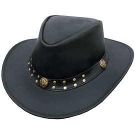 Leather Cowboy Hat for Men Women Western Australian Outback Hat with Shapeable Wide Brim, Black Vintage Aussie Style Leather Hat for Unisex Adult with Chin Cord