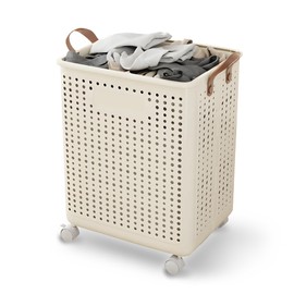 Large Laundry Basket with Wheels and Handles, 17 Gal (64L) Dirty Clothes Hamper, Foldable Design from Spacious to Slim Laundry Hamper, Rolling Laundry Basket for Bathroom, Bedroom, Dorm, Beige