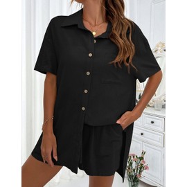 APAFES Women Summer Cotton Linen Short Sets 2 Piece Shorts Top Lounge Beach Vacation Two Piece Outfits Tracksuits(Black-Large)