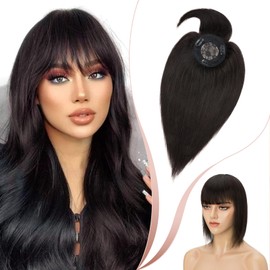 Elailite Real Human Hair Toppers For Thinning Hair Women With Fringe Clip in HairPiece Extension (#1B Natural Black, 10 inch)