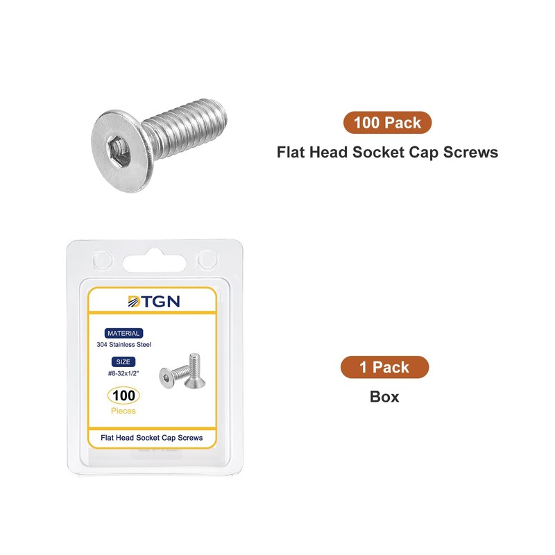 DTGN #8-32 x 1/2" Flat Head Socket Cap Screws, 100