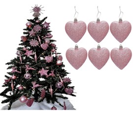 Simply Products 6 Heart Baubles - Great Christmas Tree Decorations, Glitter Heart Baubles (Blush (Pink) Glitter)