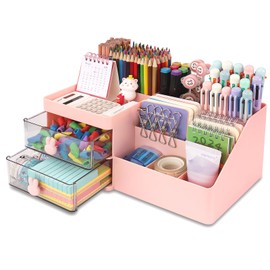 HWPRATO Mini Drawer Organizers Accessories with Compartments and Drawers, Plastic Pen Holder for Desktop Storage for School, Office Supplies (Large Capacity Desk Organizer-Pink)