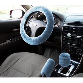 Zone Tech Fluffy Sheepskin Steering Wheel Handbrake & Gear Shift Cover- Premium Quality Winter Warm Plush Stretch on Vehicle Blue Comfortable Steering Wheel Handbrake & Gear Shift Cover Protector