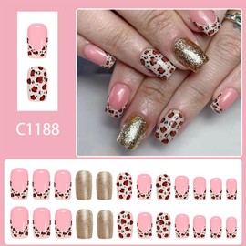 Leopard Print French Tip Press on Nails Medium Square Fake Nails with Gold Glitter Designs Acrylic Glue on Nail Pink Glossy False Nails Full Cover Artificial Stick on Nail for Women 24Pcs