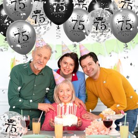 75th Birthday Balloons Decorations 15pcs Black Silver Happy 75th Birthday Party Latex Confetti Balloons for Men Women 75th Anniversary Happy Birthday Party Decor Supplies 12 inches