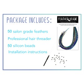 50 Purple, White & Turquoise Grizzly Color Hair Feathers - 9”- 14” Long - Feathers for Hair Extension, Rooster Feathers DIY Kit - Eye-Catching Design - 50 Micro-link Beads - 100% Real Rooster Feathers