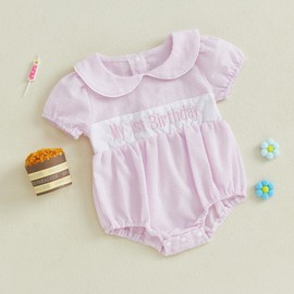 Santikisler Newborn Baby Girl Romper Letter Embroidery Peter Pan Collar Short Sleeve Bodysuit 1st Birthday Outfit (Deep Pink, 6-12 Months)