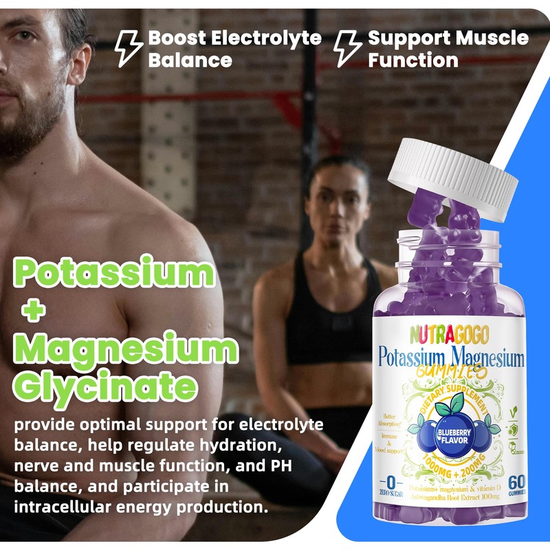 Potassium Magnesium Gummies,Potassium Supplement w/Ashwagandha,High Absorption Magnesium Glycinate,B6,D3,Potassium Citrate for