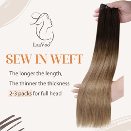 LaaVoo Real Hair Wefts Balayage Ombre Brown 14 Inches/35 cm Extensions Wefts Real Hair for Sewing Dark Brown Balayage Medium Brown Ombre Ash Blonde Remy Brown Wefts Real Hair Straight 80 g #2/6/18