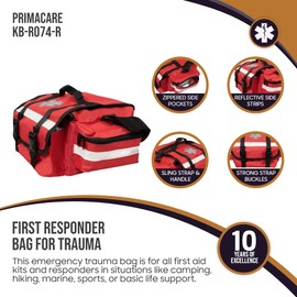Primacare KB-RO74-R First Responder Trauma Bag, 17" x 9" x 7", Red — EMT/EMS Medical Supply Organizer with Padded Dividers, Multiple Compartments, Side Pockets, Reflective Strip, Durable Design