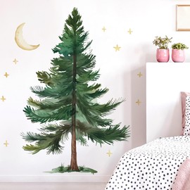 Runtoo Pine Tree Wall Art Decal Peel and Stick Christmas Woodland Mountain Tree Wall Stickers for Nursery Bedroom Living Room Wall Decor