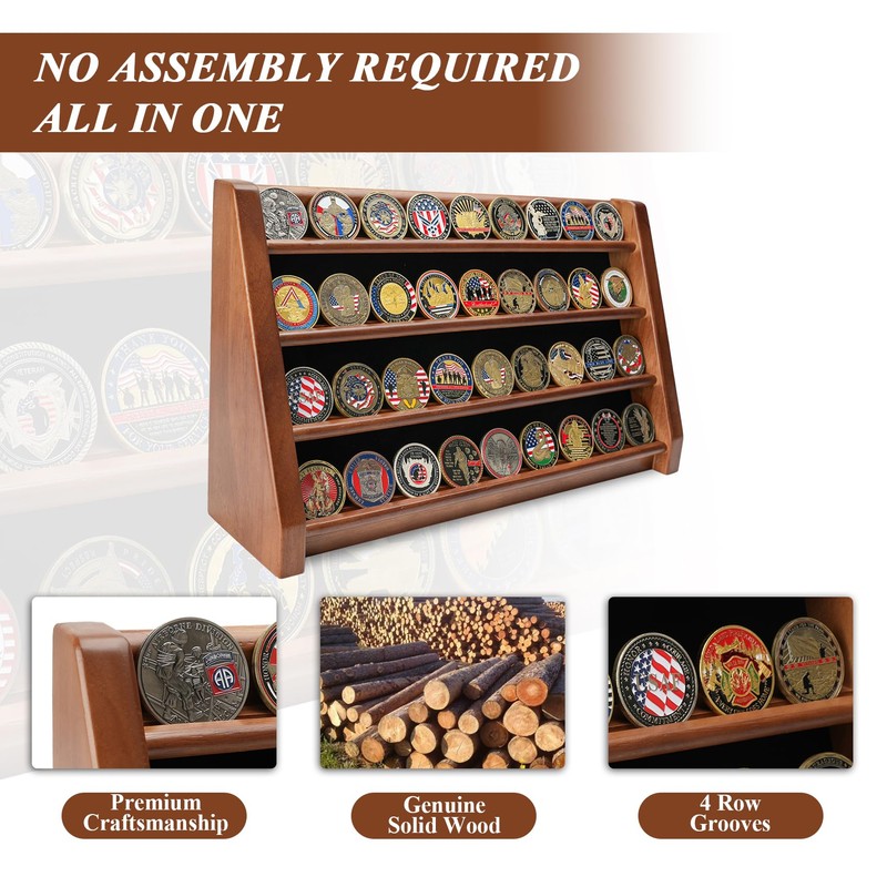 DecoWoodo Challenge Coin Display Case, 4 Row Solid Wood Military