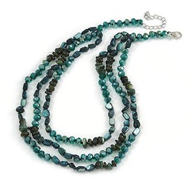 Avalaya 3 Strand Layered Glass/Shell Bead Necklace In Malachite Green/Emerald Green with Silver Tone Closure - 50cm L/ 6cm Ext