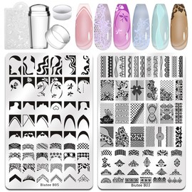 Biutee Nail Stamping Plates Set 2 PCS Large Plate 110 Patterns Nail Art Stamper Scraper Nail Stamp Template Kit French Line Lace Flower Design Masnicure Plates