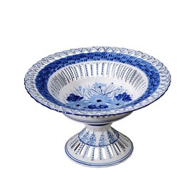 Aimusego Blue and White Party Tray, Ceramic Fruit Dispaly Bowl for Kitchen Counter,Decorative Pedestal Dessert Bowl for Table Countertop,Footed Serving Plate (Daisy)