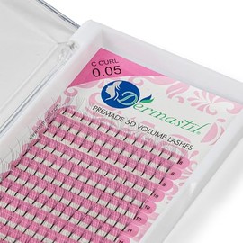 Dermastil 5D Premade Handmade Volume Eyelashes, C Curl, Thickness 0.05 mm, Ready Fan without Knots for Eyelash Extension, PBT, Vegan, 16 Strips Box (10 mm)