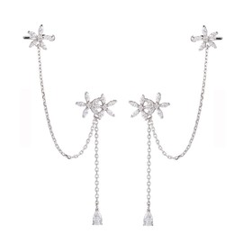 SLUYNZ 925 Sterling Silver Daisy Flowers Cuff Earrings Chain for Women CZ Dangle Earrings Drop Crawler Earrings Chain Asymmetric Earrings