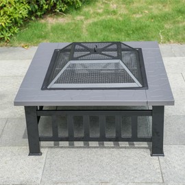 32" Outdoor Wood Fire Pit with Charcoal Rack & Poker & Mesh Cover-Gray