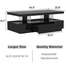 ChooChoo Modern LED Coffee Table, High Glossy Center Table with Drawer, Black Coffee Table with Storage for Living Room, Bedroom