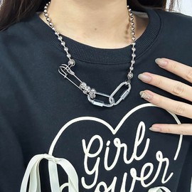 Niaspi Punk Link Ball Chain Choker Collar Necklace for Women Men Unisex Silvery Fashion Safety Pin Skull Head Statement Pendant Necklace Unique Trendy Chunky Jewelry