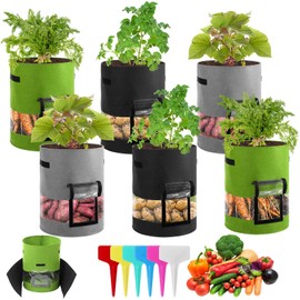 Wovnet 6 Pack 360° Visible Potato Grow Bags with Harvest Window Thickened Nonwoven Fabric Pots with Flap and Handles, 6 Shade Cloth and 12 Plant Labels for Potato Tomato Vegetables Flowers(10 Gallon)